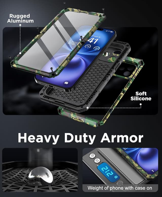 Detalle 2 de Beeasy Robust Series Waterproof iPhone 16 Case (Camo) — heavy duty full-body protection with built-in screen cover
