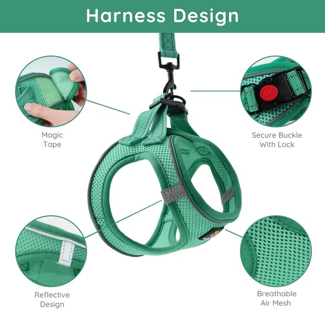 Detalle de BELLA & PAL step-in dog harness and leash set for puppies (XS) – breathable air mesh with reflective strips, green