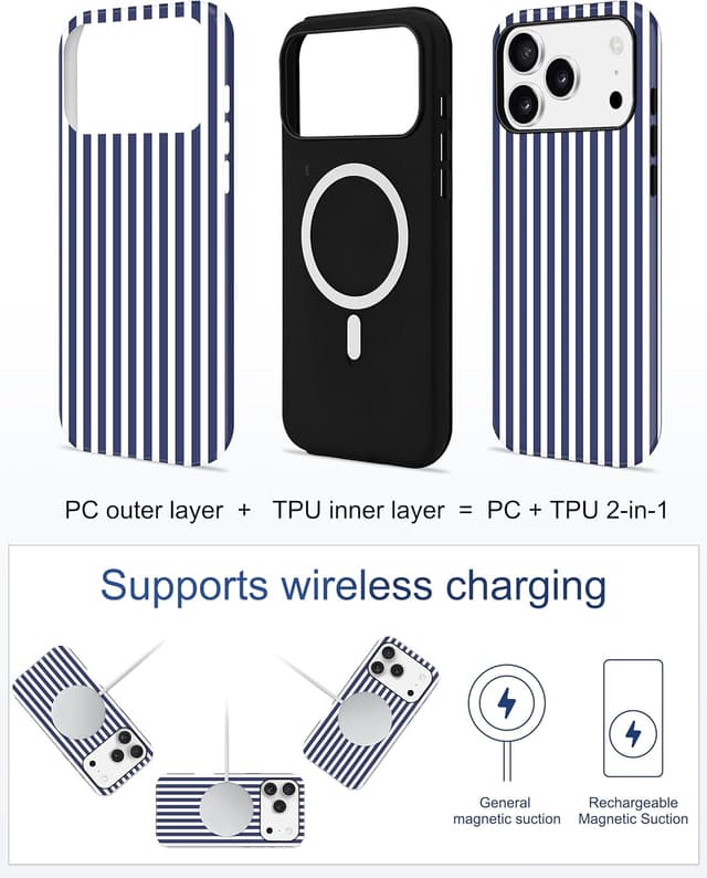 Detalle de Jusy Handyhülle magnetische für iPhone 17 Pro Max – zweischichtig, MagSafe-kompatibel, tiefblau gestreift