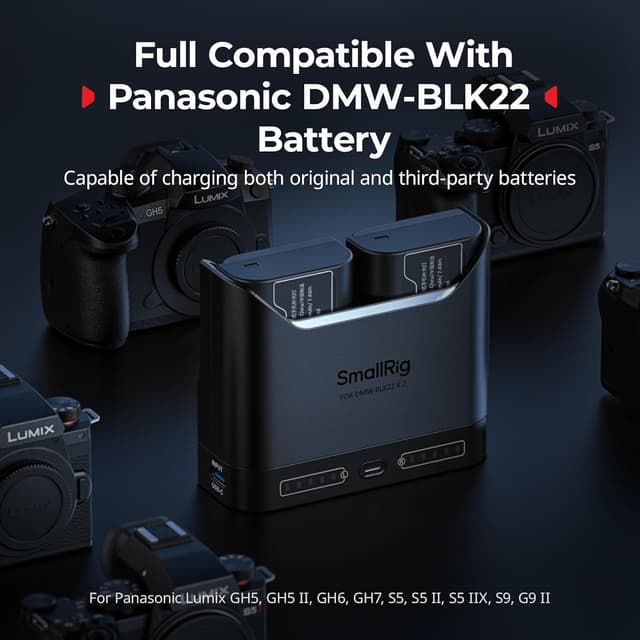 Detalle de SMALLRIG DMW-BLK22 Akkuladegerät für Panasonic – 2-fach Dual-Slot mit USB-C (22,5 W) für Lumix GH5/GH6/S-Serie