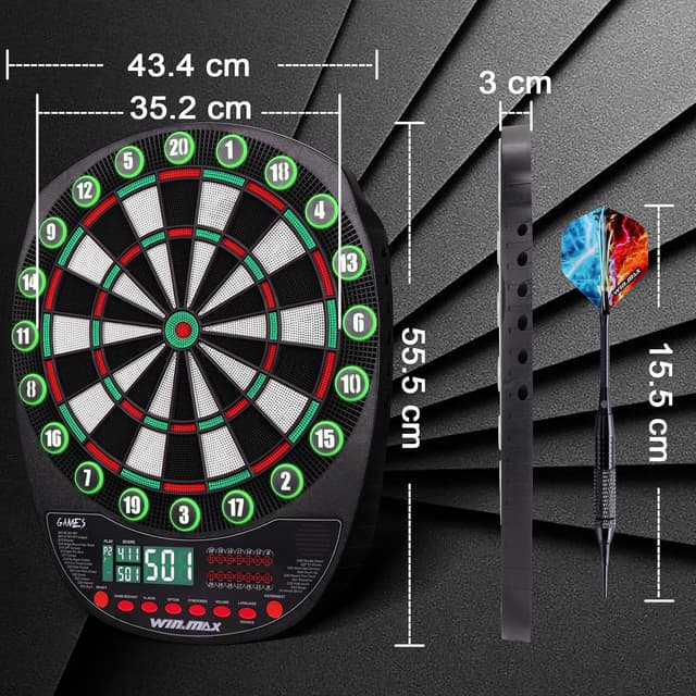 Detalle de WIN.MAX Elektronische Dartscheibe Profi Set – 34 Games mit 354 Varianten, 3 Sprachen (DE/EN/FR) und Platz für 12 Darts
