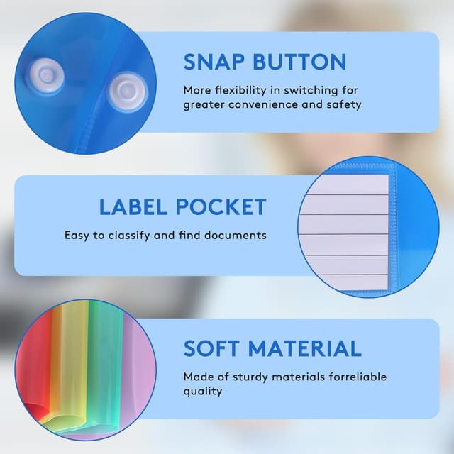 Detalle 2 de 24Pack A4 Plastic Wallet Folders with Popper Closure – Document Folder Wallet (Assorted)