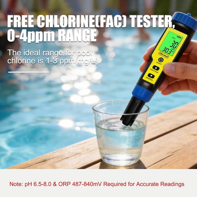 Detalle de Ueomul pH chlore mètre 7 en 1 : testeur qualité de l’eau piscine (FAC) avec ATC, étanche IP67