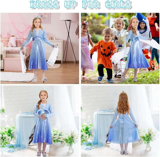 Detalle 2 de Costume Principessa Bambina AUYAO con corona, bacchetta e gioielli (abito blu) per Halloween, Natale e Carnevale