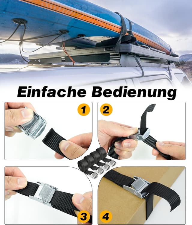 Detalle de Spanngurte Schwarz 4er-Set (2,5 m x 25 mm) mit Klemmschloss – Zurrgurte für Fahrrad, Dachbox & Gepäck