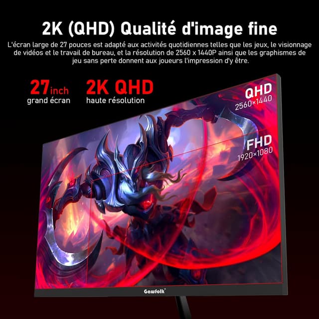 Detalle de Gawfolk Écran PC IPS 27 pouces 2K WQHD 320 Hz — Moniteur gaming VESA 75x75 noir
