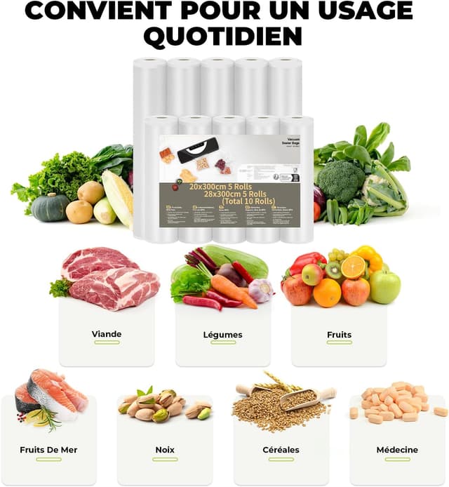 Thumbnail 4 de Rouleau Sous Vide Alimentaire 10 rouleaux sans BPA (5x 28x300 cm + 5x 20x300 cm) pour machine sous vide