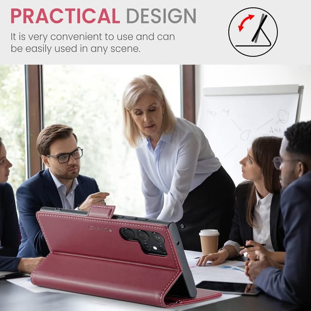 Detalle de QLTYPRI Hülle für Samsung Galaxy S24 Ultra mit RFID-Schutz, Kartenfach und Klapp-Stand – Weinrot