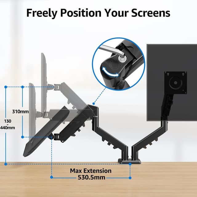 Detalle de MOUNTUP Dual Monitor Halterung für 13–32 Zoll EU8014B – höhenverstellbar, neigbar, schwenkbar (VESA 75/100)