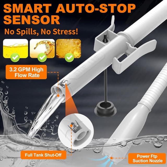 Detalle de Automatic Fuel Transfer Pump (Auto-Stop Sensor) Portable Gas Can Pump with 3 Adapters and 51" Hose