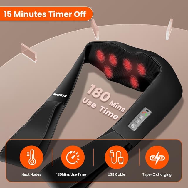 Detalle de AMZPONY Cordless Neck Massager with Heat, Rechargeable Shiatsu Deep Tissue for Neck, Shoulders & Back