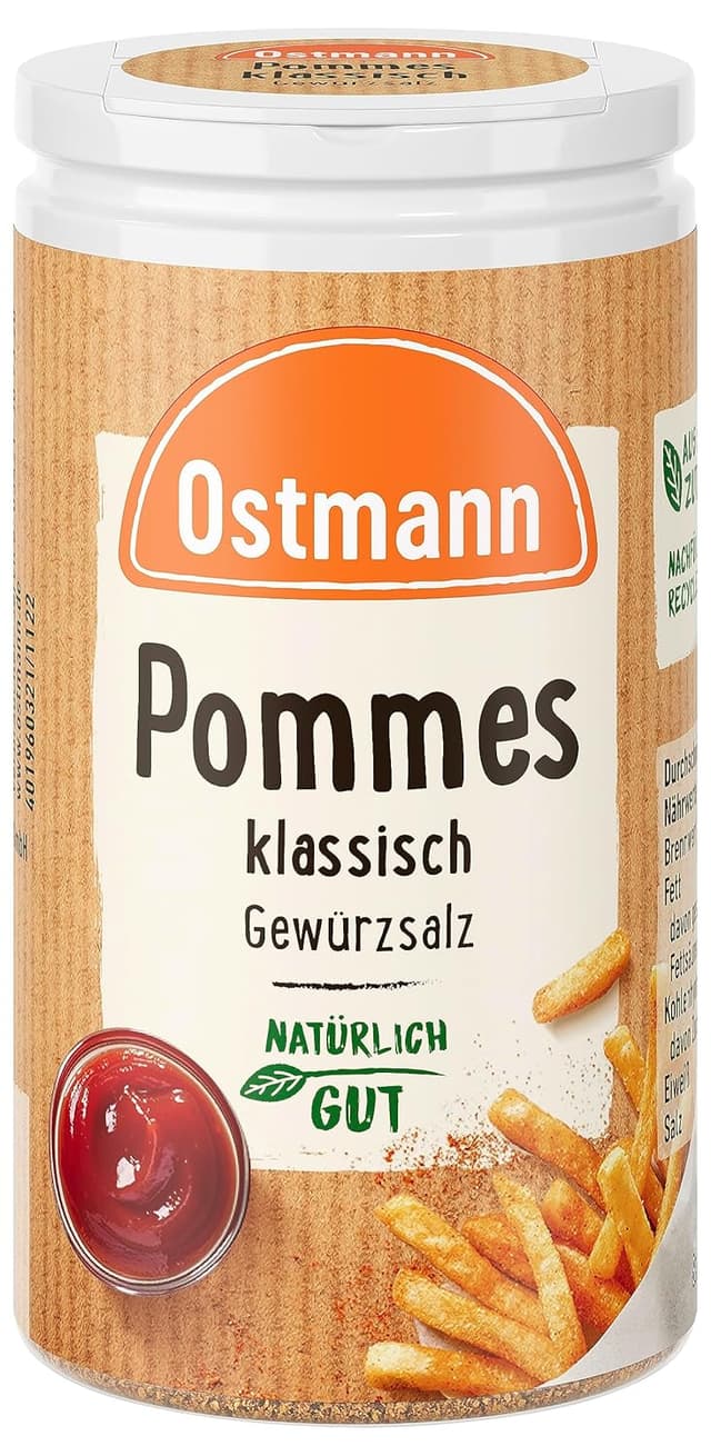 Detalle de Ostmann Gewürze Pommes Gewürzsalz klassisch – Pommesgewürz mit Salz, vegan, 4 x 70 g