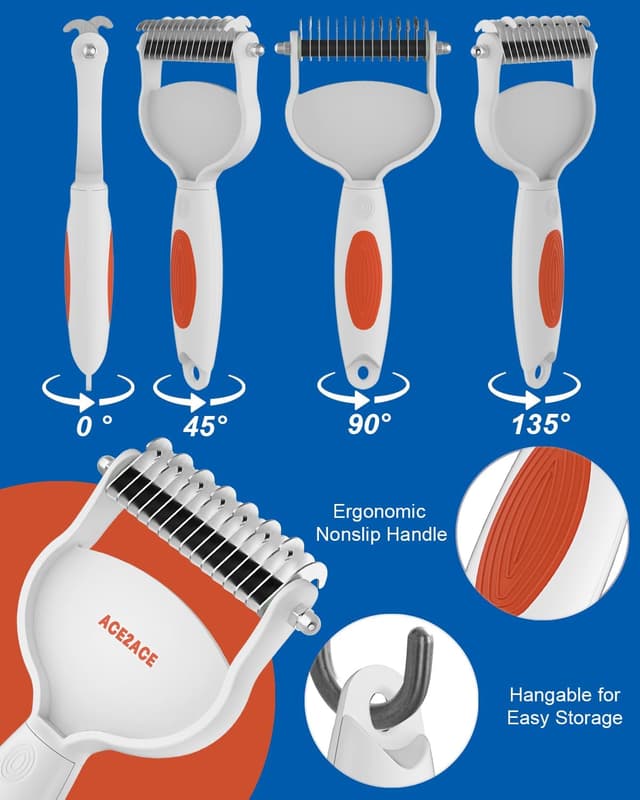 Detalle de ACE2ACE Pettine doppia faccia per sottopelo di cani e gatti, rastrello dematting arancione