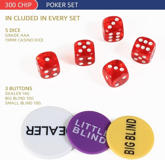 Detalle 2 de 300-Piece 11.5g Poker Chips Set (Texas Hold’em/Blackjack) with Aluminum Case, Dealer Buttons, Blinds Markers & Dice