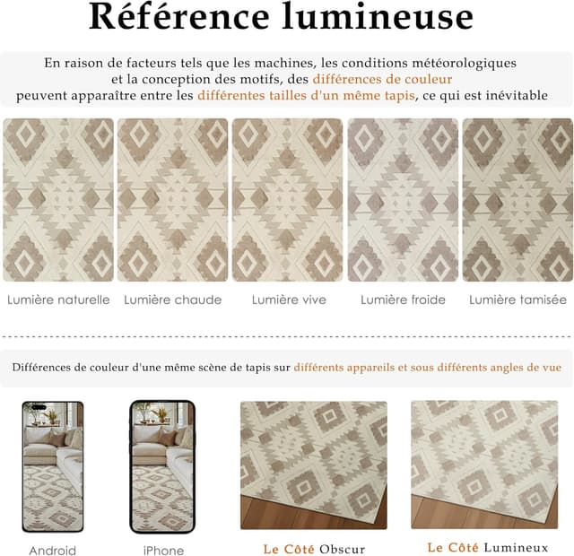 Detalle de PureCozy Tapis de salon 120x170 cm beige brun, poil ras antidérapant et lavable en machine