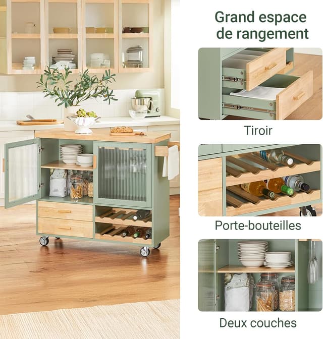 Detalle de SoBuy FKW114-GR desserte de cuisine sur roulettes avec plan de travail en bois, rangement vert et naturel