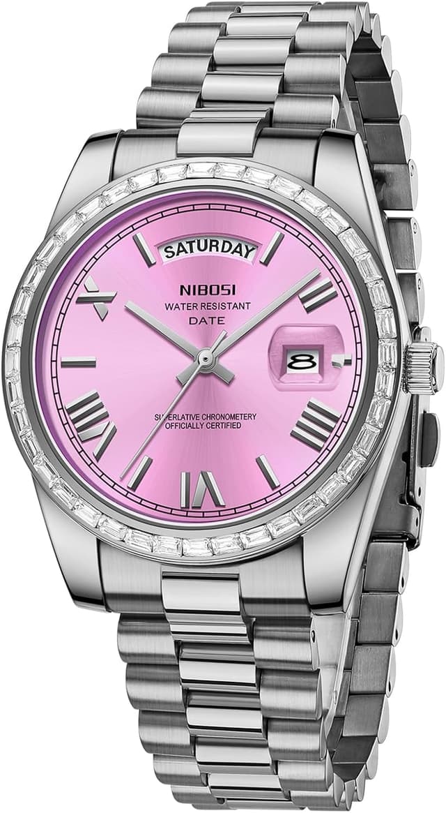 Detalle de NIBOSI Herren Analog Quarz-Uhr mit Tages- und Datumsanzeige, Edelstahl & Diamantlünette