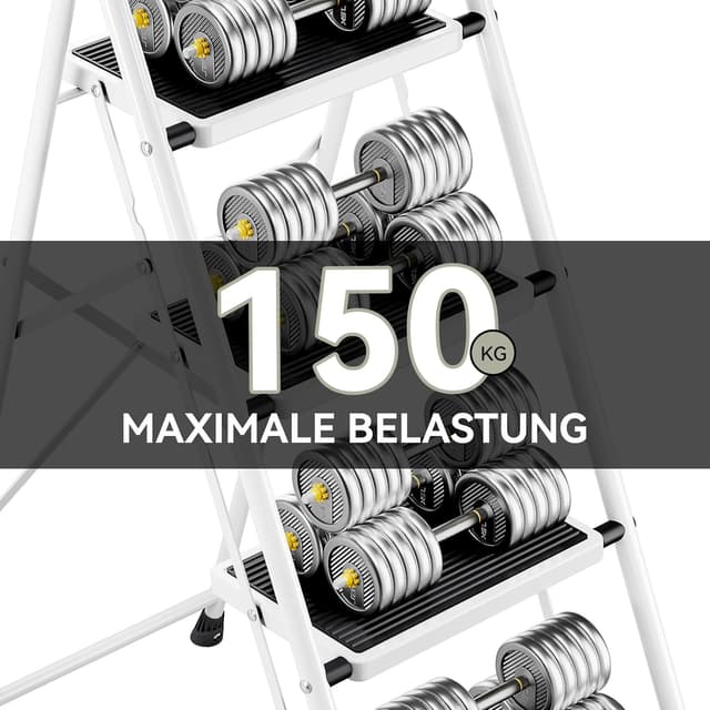 Detalle 2 de KINGRACK Stufenleiter 4 Stufen als Klappleiter mit Anti-Rutsch-Pedal und Griffen (weiß)