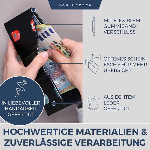 Detalle 2 de VON HEESEN Slim Wallet mit XL Münzfach & RFID-Schutz – Nappa-Leder Kartenetui klein (schwarz, glatt)