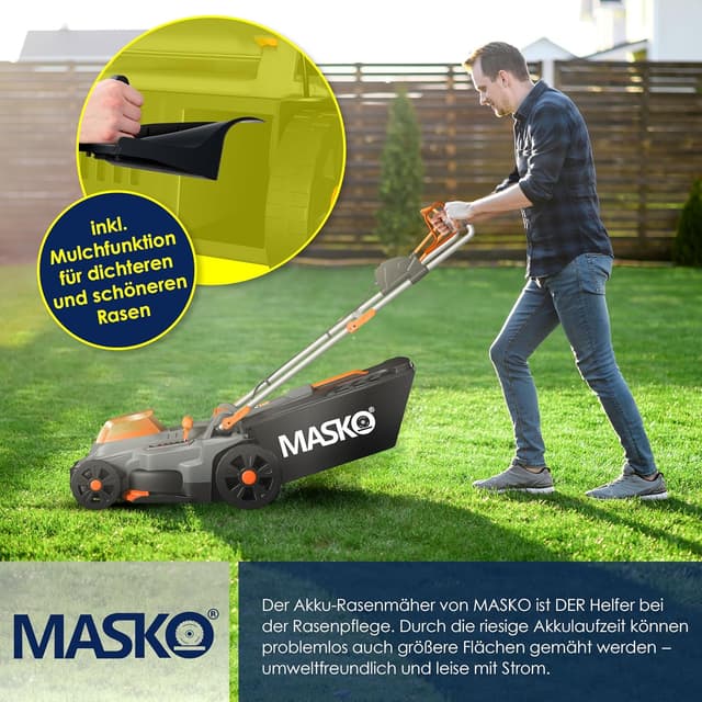 Detalle 1 de MASKO® Akku-Rasenmäher mit Mulchfunktion (36 V) inkl. 2× Li-Ion 4 Ah, Doppel-Ladegerät, Rasentrimmer 37 cm & Fangkorb 40 l