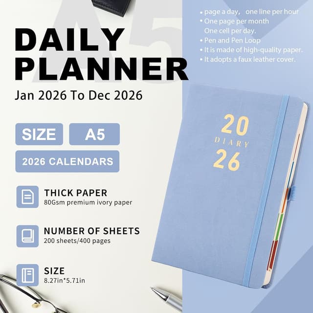 Detalle 2 de Mljtoyo 2026 A5 Page-a-Day Diary Planner (Hardcover, Pen Holder) – Blue