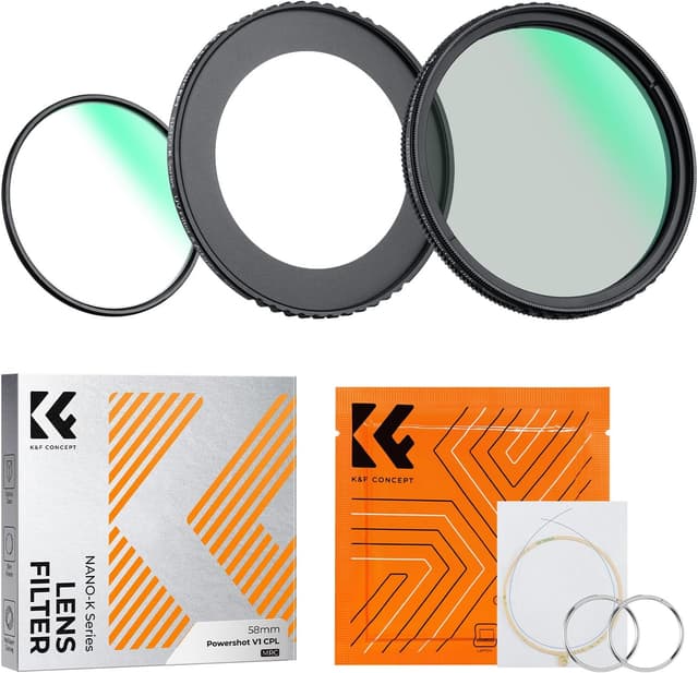Detalle de Kit K&F Concept : filtre UV Protection + polarisant True Color compatible Canon PowerShot V1, avec bague et chiffon