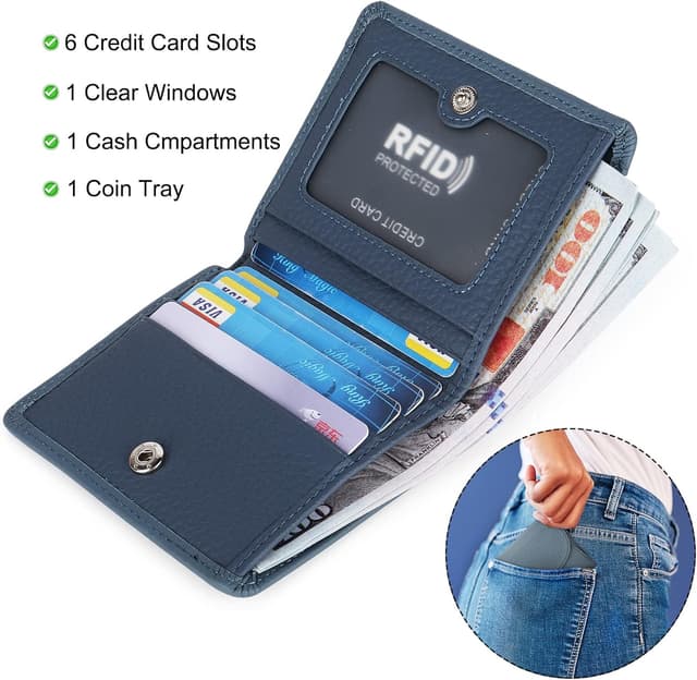 Detalle de Coopay Small Compact Leather Purse – Ladies coin purse wallet with RFID protection and coin tray, Blue