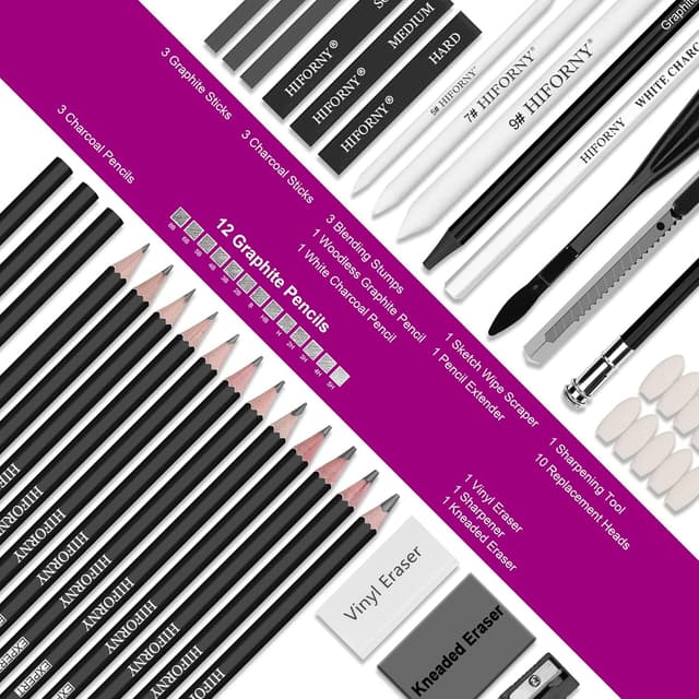 Detalle 2 de HIFORNY 42-piece Drawing Set with graphite & charcoal pencils, blending tools and travel case