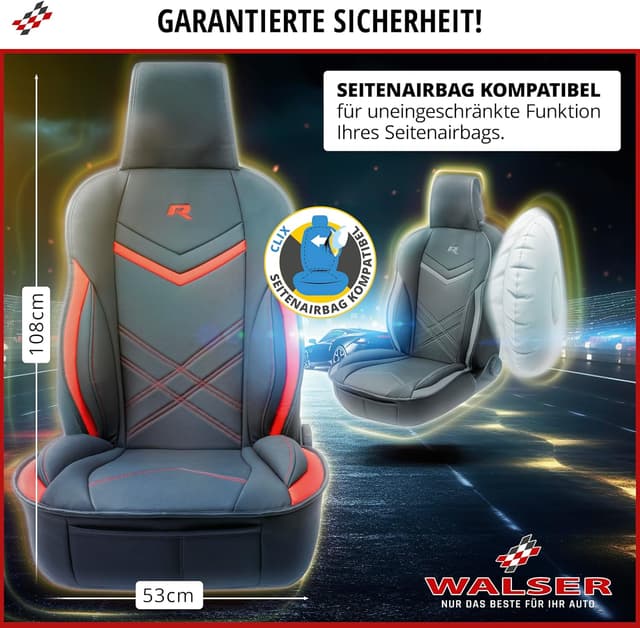 Detalle de Walser Sitzauflage Auto Rey Sitzschoner für Vordersitze schwarz/rot im Rennsport-Design