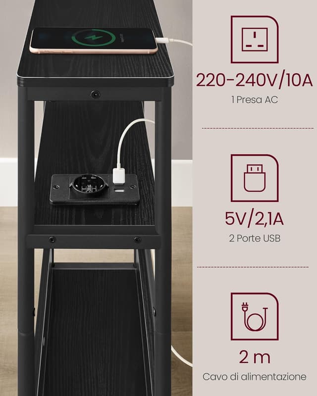 Detalle de VASAGLE LET335B02 tavolino stretto con multipresa integrata a 3 ripiani e portariviste