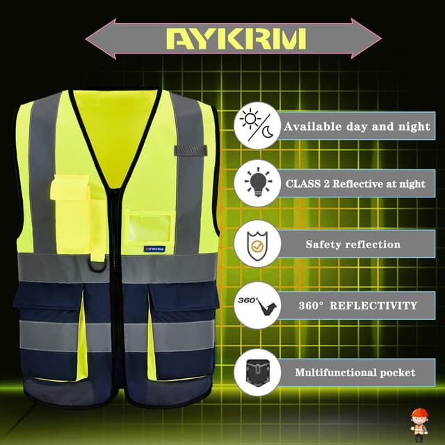 Detalle de AYKRM high-visibility executive vest with zip front, 360° reflective strips and phone & ID pockets