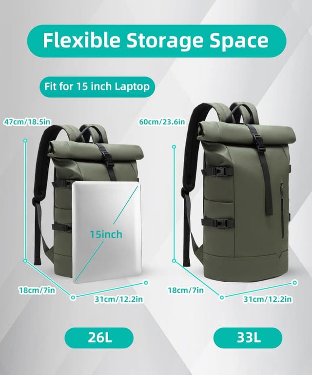 Detalle de GYakeog Rolltop Rucksack (groß) 33 l – wasserdichter Laptop-Rucksack bis 15 Zoll, Rollverschluss, Anti-Diebstahl, Fahrrad- & Alltagstauglich