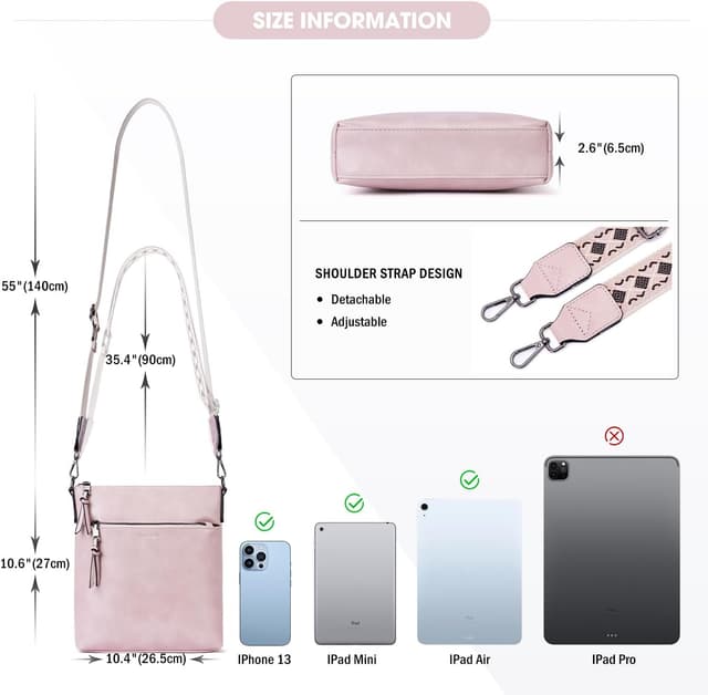 Detalle de Roulens Mittel Damen Umhängetasche aus veganem Leder – leichte Crossbody mit verstellbarem breiten Gurt