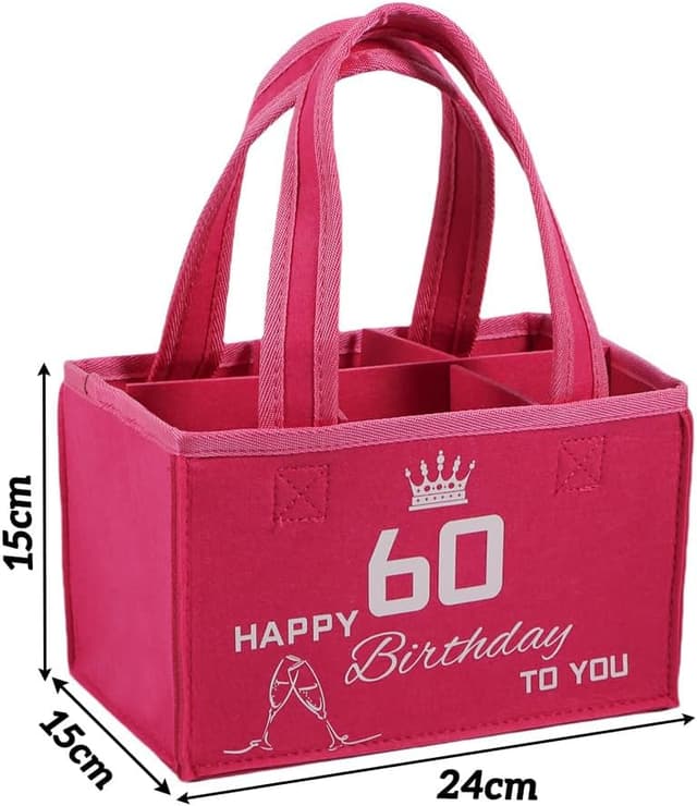 Detalle de Flaschentasche zum 60. Geburtstag Frau – lustige Filztasche für bis zu 6 Champagnerflaschen (24 x 15 x 15 cm)