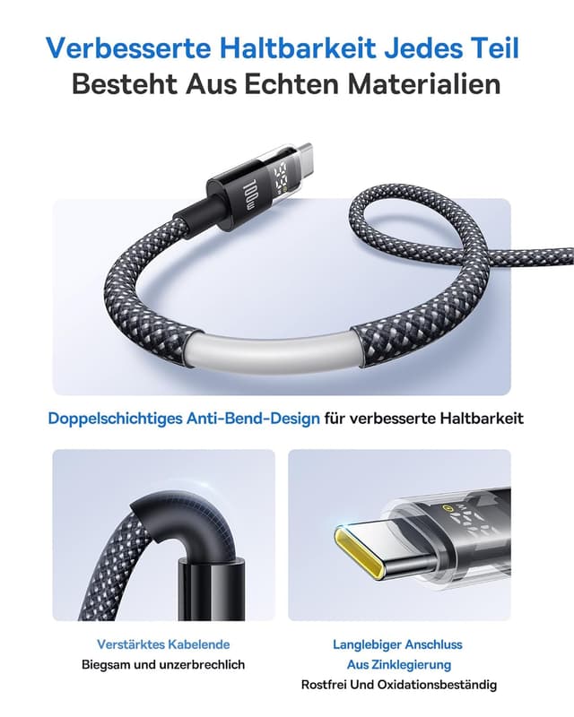 Detalle de Baseus 100W USB‑C auf USB‑C Schnellladekabel (1 m) mit LED-Display