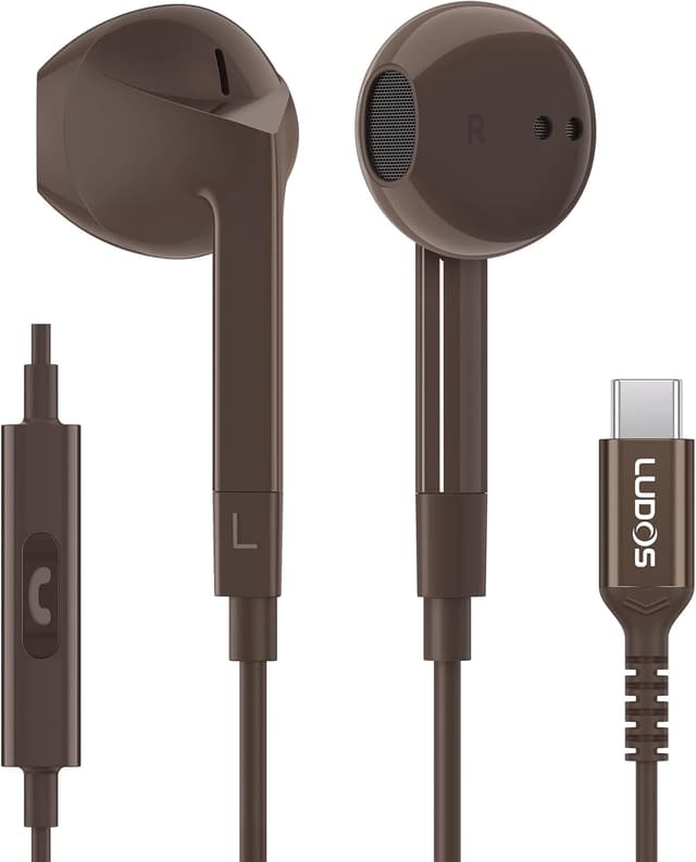 Detalle de Ludos FEROX USB-C Headphones (Earbuds with Microphone) with 5 Years Warranty, USB Type C Earphones for iPhone & Samsung – Brown