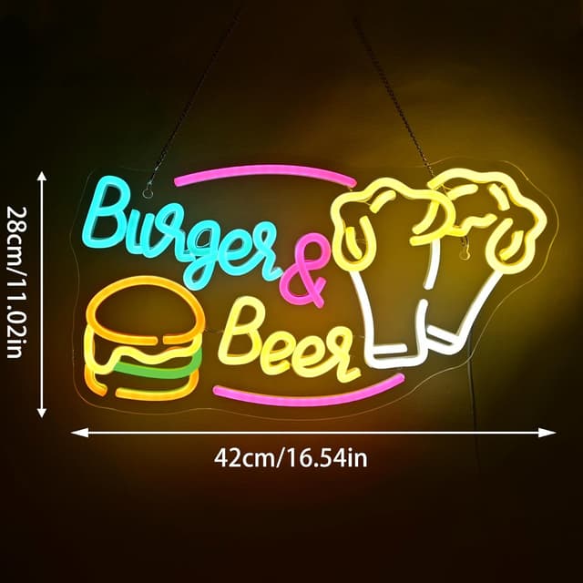 Detalle de LUCUNSTAR „Burger & Beer“ Neon Schild mit USB-Dimmer – Wanddeko für Bar, Restaurant & Küche