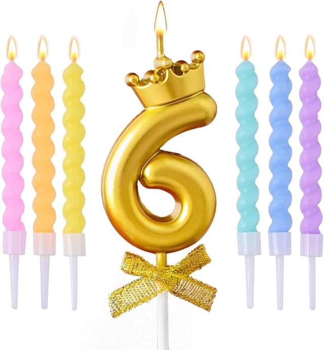 Detalle de Mulomir Macaron Geburtstagskerzen-Set mit 3D goldener Kronenzahlenkerze (0–9) und 6 Macaron-Spiralkerzen