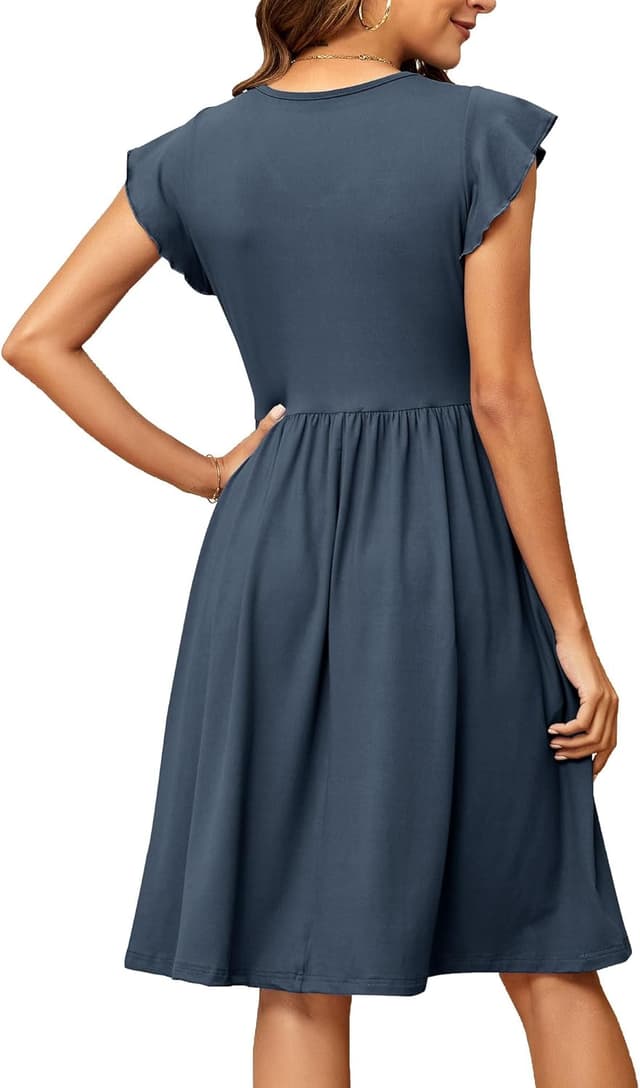 Detalle de Robe d’été midi SENBATU pour femme à col en V, manches à volants et poches (S-2XL, 34-52)