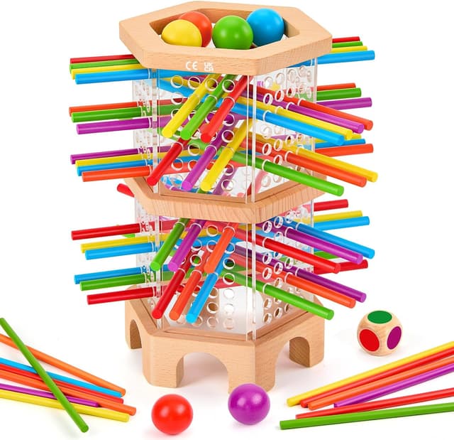 Detalle de Montessori Spiel Holz – Würfelspiele mit 42 bunten Holzstäbchen (ab 3 Jahren) für Feinmotorik & Familienrunden