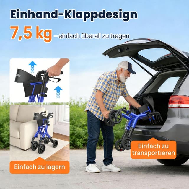 Detalle 2 de WALK MATE Rollator für große Menschen bis 2 m – höhenverstellbar, faltbar & leicht mit Sitz