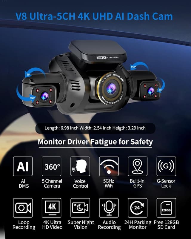 Thumbnail 2 de V8 Ultra-5CH 4K 5‑Channel Dash Cam