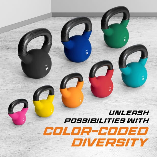 Detalle de Yes4All Kettlebell aus Gusseisen 2–20 kg mit Neopren-Beschichtung (einzeln, farbcodiert)