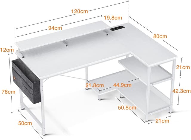 Detalle de ODK Scrivania Angolare Reversibile 120x80 cm bianca con porta USB e prese di ricarica