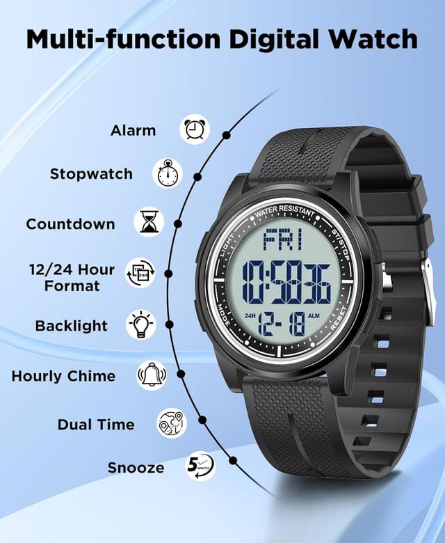 Detalle 2 de WIFORT Mens Waterproof Digital Sports Watch (5ATM) with Countdown, Dual Time, Stopwatch & Backlight