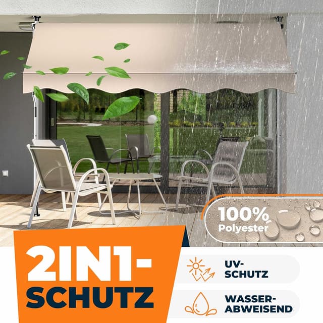 Detalle de KESSER® Klemmmarkise mit Handkurbel & LED-Lichterkette (ohne Bohren) für Balkon, Terrasse & Garten – höhenverstellbar, UV-beständig, wasserabweisend