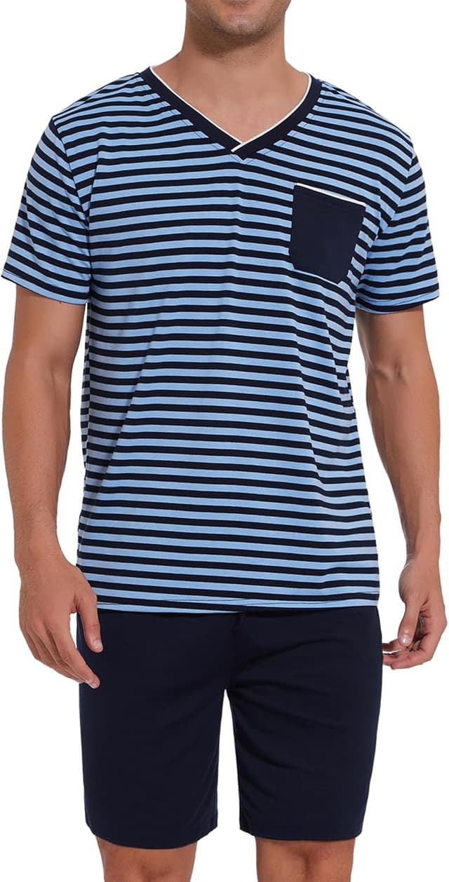 Detalle de Leversic Herren-Schlafanzug kurz aus Baumwolle mit Kontraststreifen-Design – Sommer-Pyjama Set