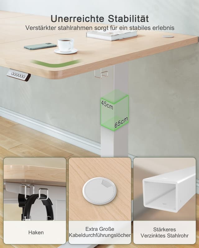 Detalle de JUMMICO elektrisch höhenverstellbarer Schreibtisch mit USB-Ladeanschluss 120 x 60 cm (beige)