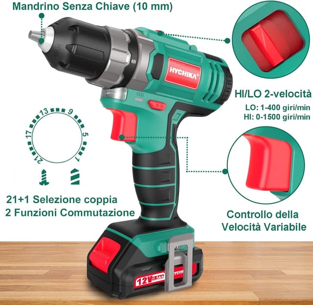 Thumbnail 5 de HYCHIKA Trapano Avvitatore 12V 30 Nm, 21+1 coppie, 26 accessori 🛠