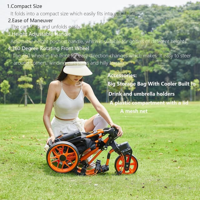Detalle de FLAGTAG 3-Wheel Golf Push Cart with 360 Swivel Front Wheel and One-Click Fold